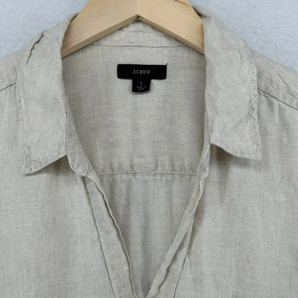 J.CREW Top Womens L Linen Popover Shirt Blouse Short Sleeve Woven Natural Beige